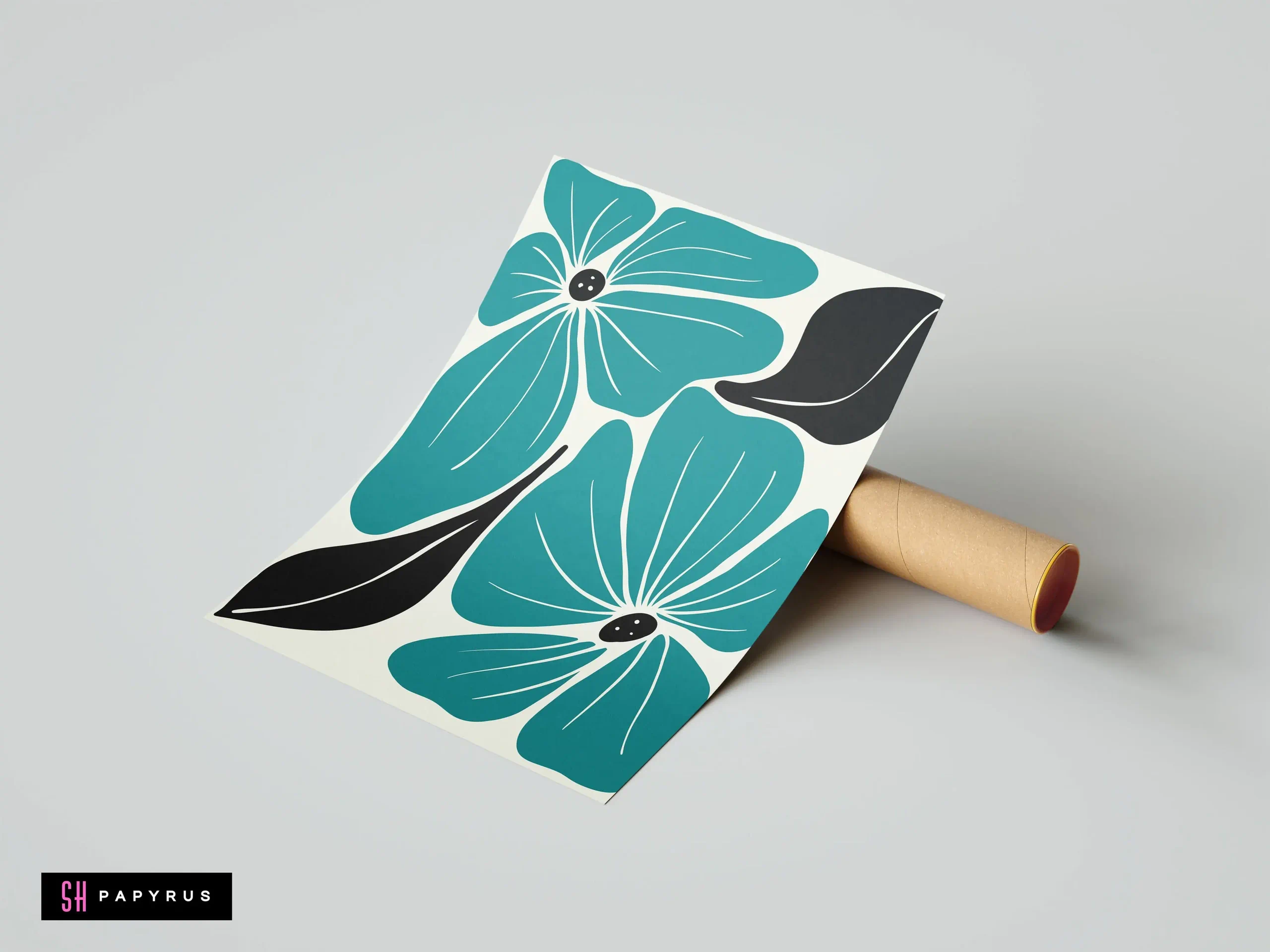 Striking Graphic Teal and Black Flower Wall Art