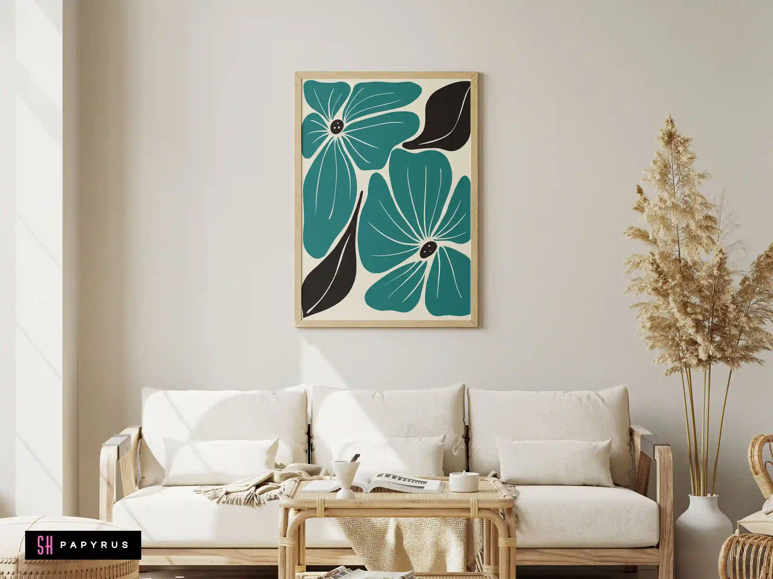 Striking Graphic Teal and Black Flower Wall Art