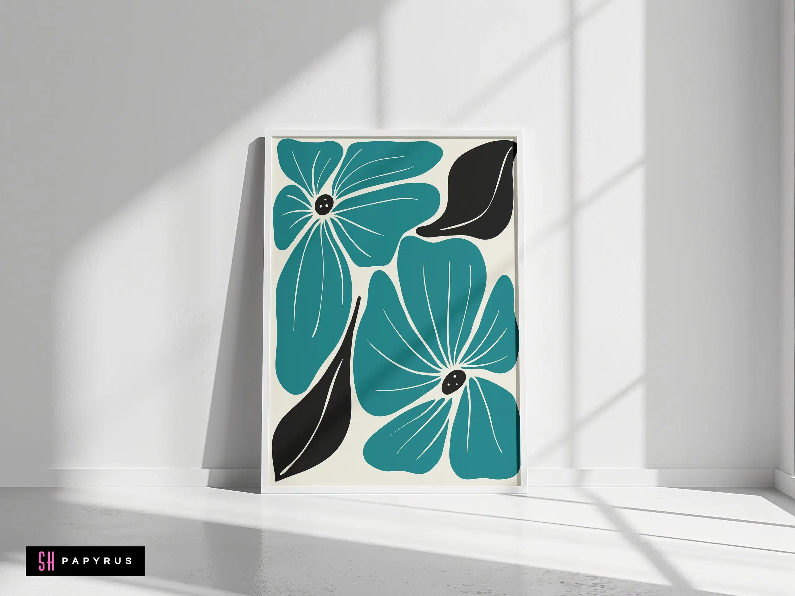 Striking Graphic Teal and Black Flower Wall Art