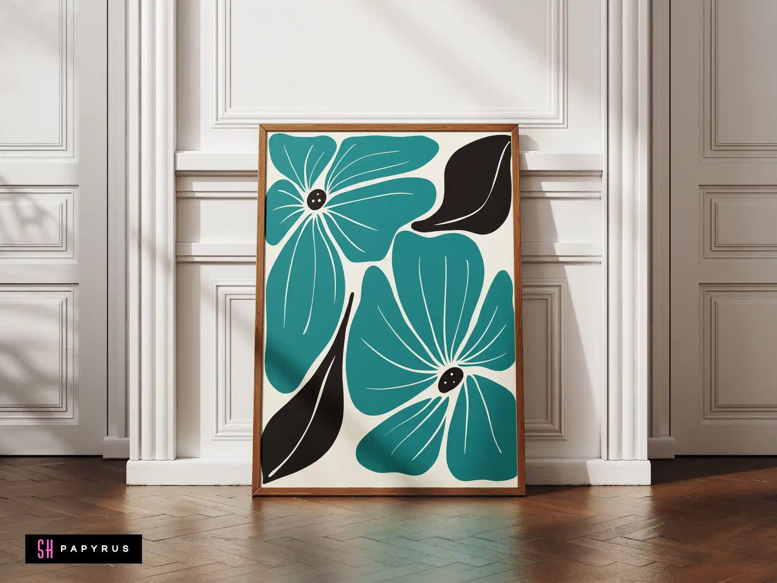 Striking Graphic Teal and Black Flower Wall Art