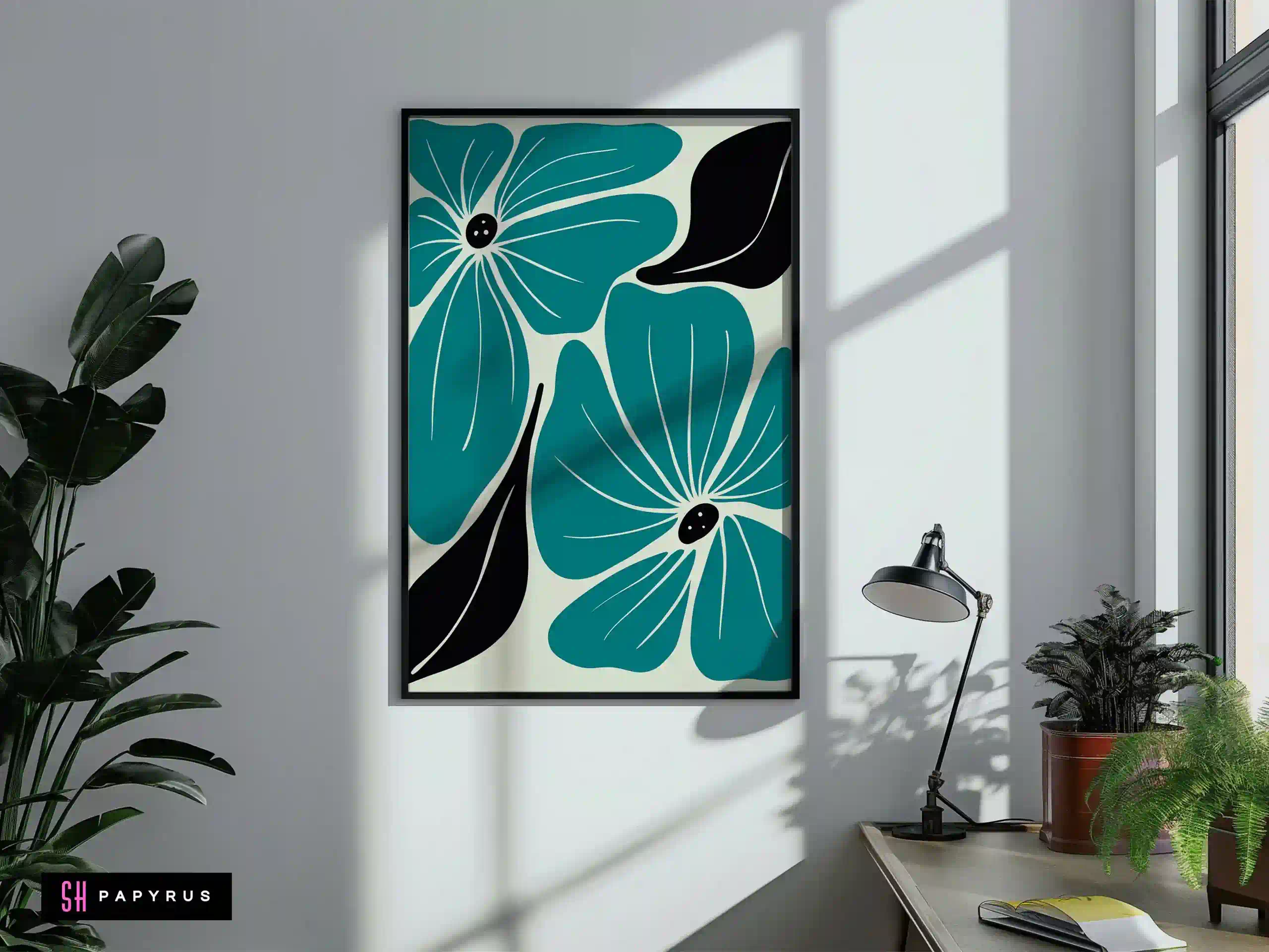 Striking Graphic Teal and Black Flower Wall Art
