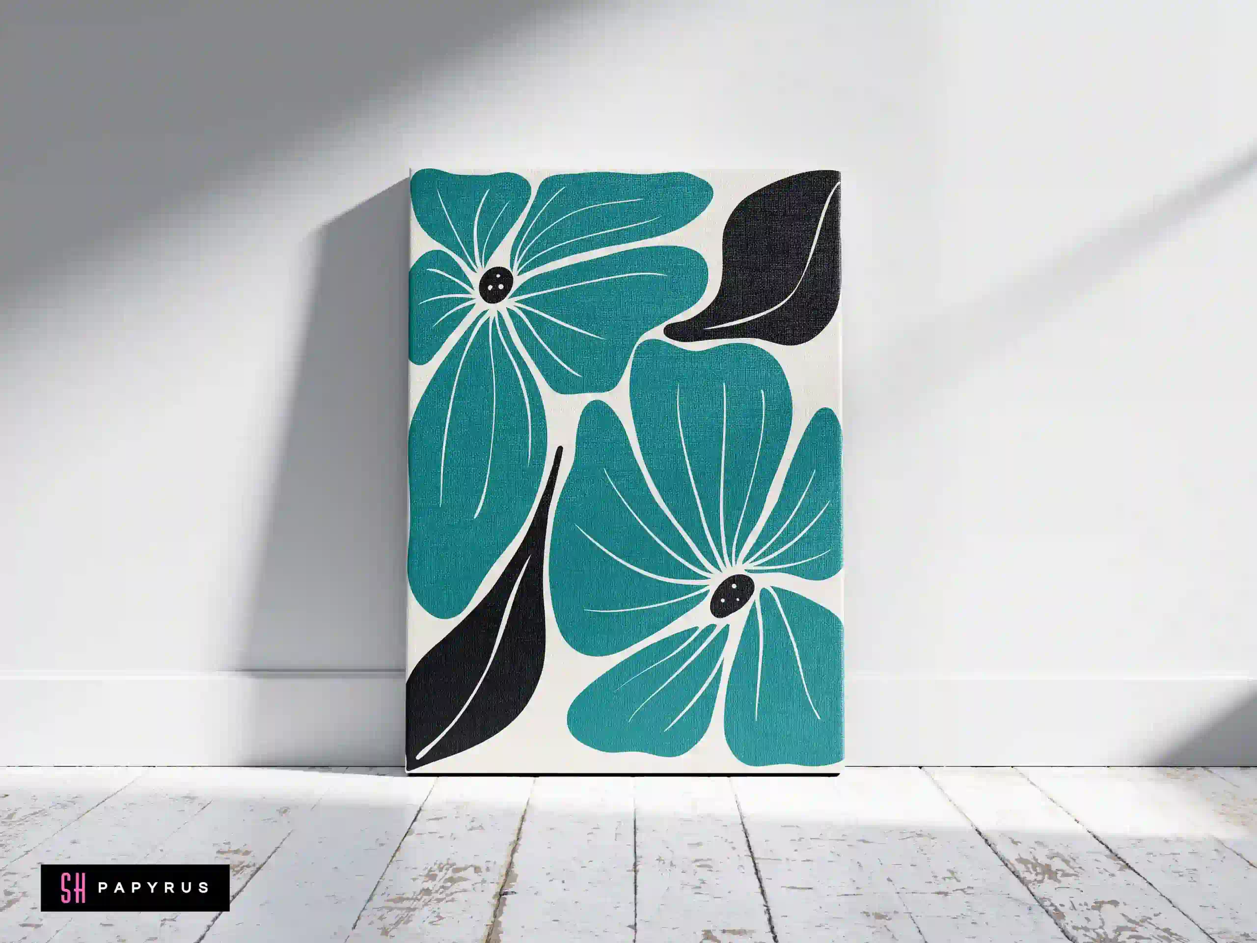 Striking Graphic Teal and Black Flower Wall Art