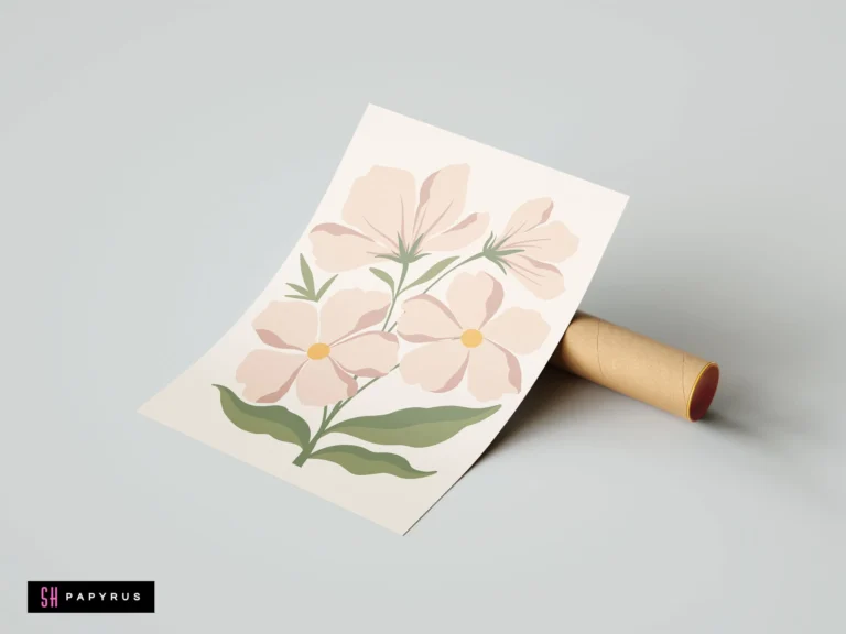 Minimalist bohemian wall art featuring soft blush pink floral bouquet and muted green leaves.