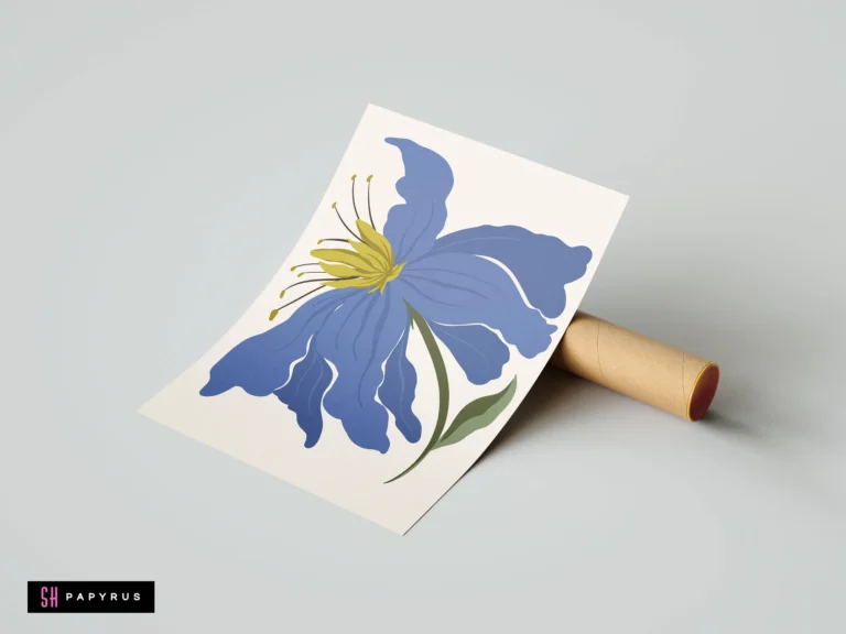 Bohemian expressive art print featuring a vibrant blue flower with a chartreuse center.