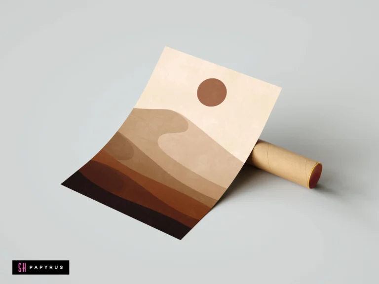 Minimalist bohemian sand dune art with sun in earthy terracotta and beige tones.