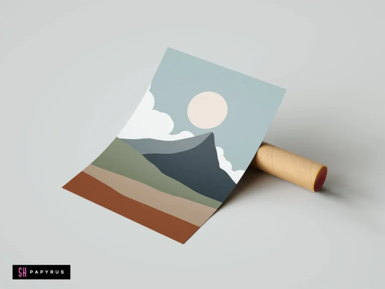 Minimalist bohemian mountain landscape art with earthy tones, a sun, and geometric peaks.
