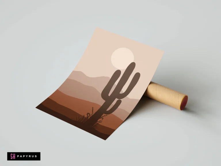 Bohemian desert wall art featuring a cactus silhouette and warm terracotta layered mountains.