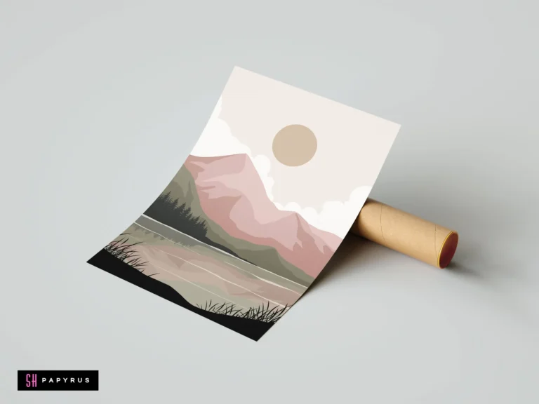 Minimalist bohemian wall art featuring dusty pink mountains, reflections, and a neutral sun.
