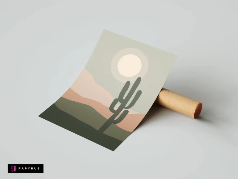 Minimalist sage green desert wall art featuring a stylized cactus and muted bohemian landscape.