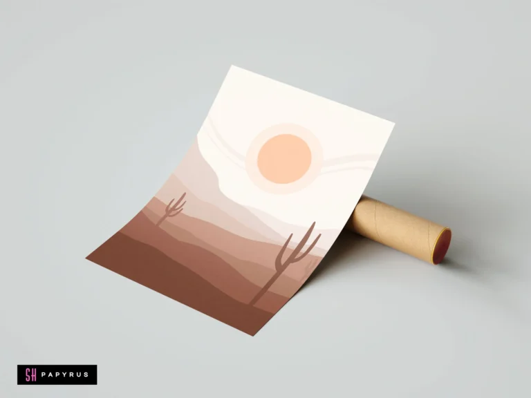 Minimalist hazy desert landscape art with layered terracotta dunes, cacti silhouettes, and peach sun.