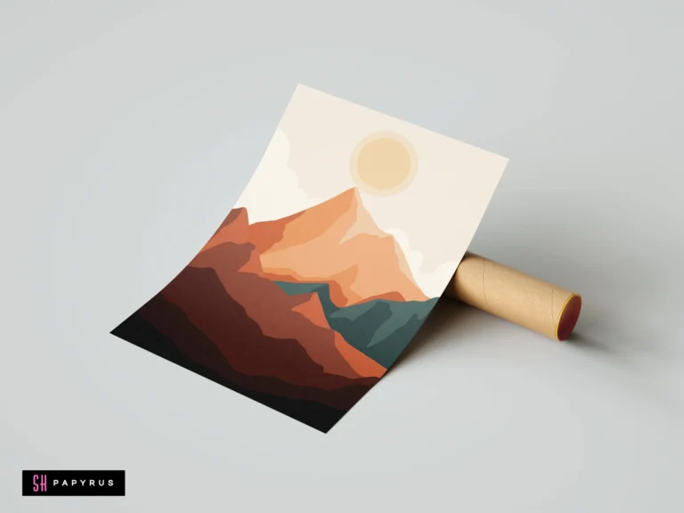 Bohemian minimalist print of vibrant orange and teal layered mountains under a cream sun.