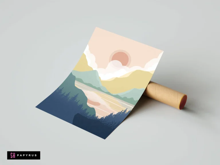 Bohemian landscape art print featuring a pastel sunset over mountains and a reflected lake.