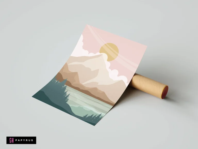 Minimalist bohemian landscape print featuring blush pink mountains, a golden sun, and serene lake.