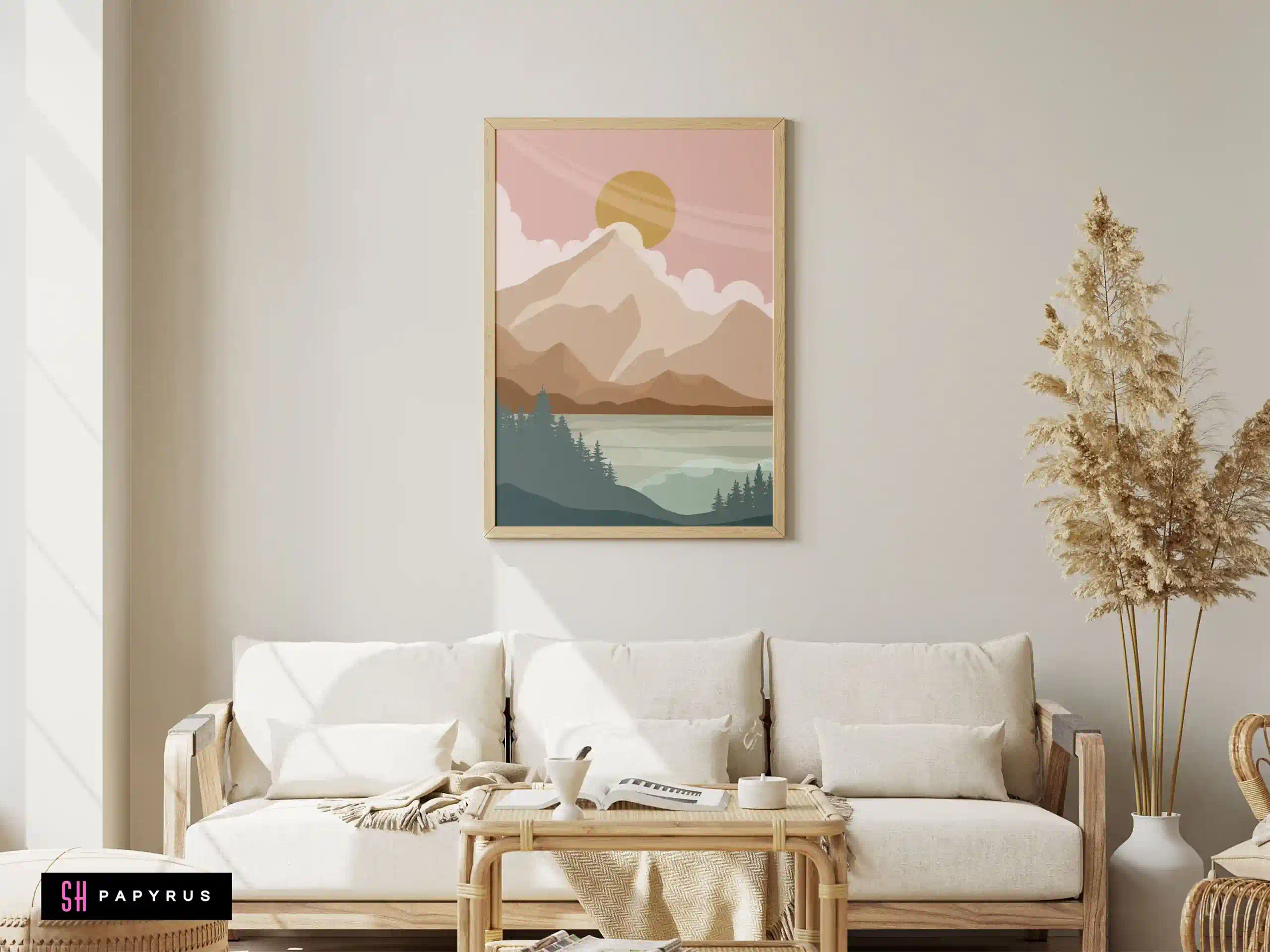 Serene Blush Pink Mountain Lake Scene Wall Art