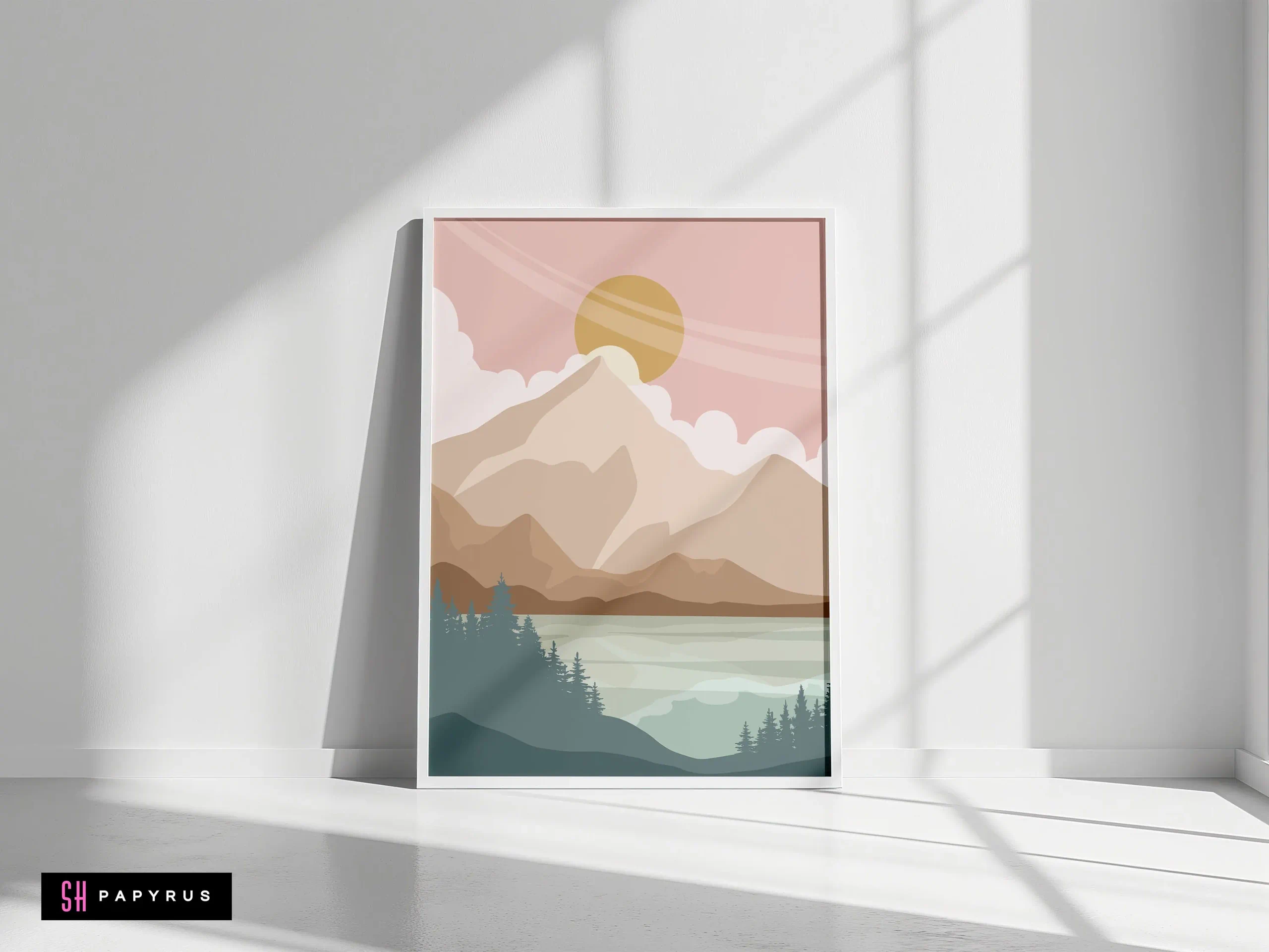 Serene Blush Pink Mountain Lake Scene Wall Art