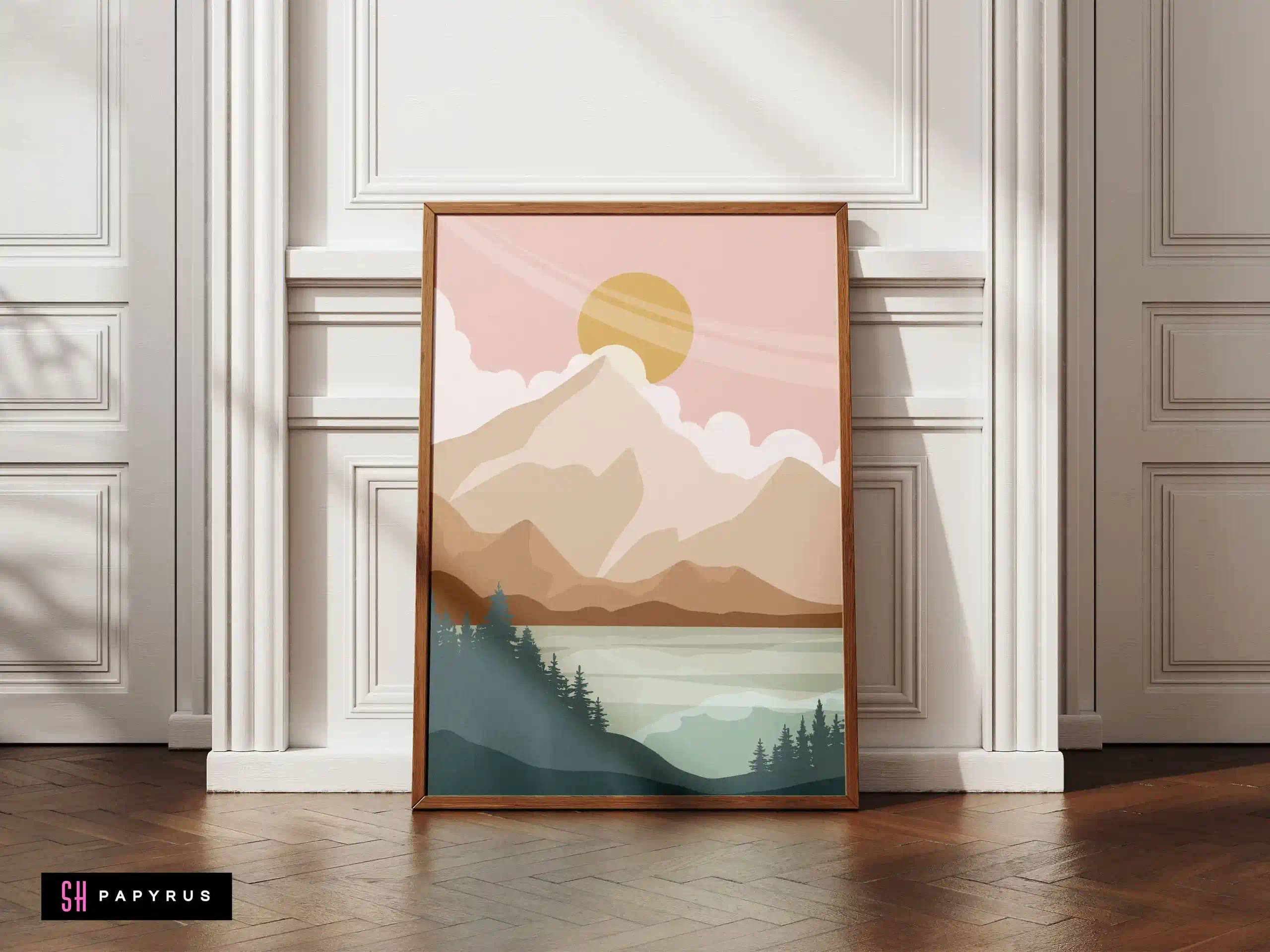 Serene Blush Pink Mountain Lake Scene Wall Art