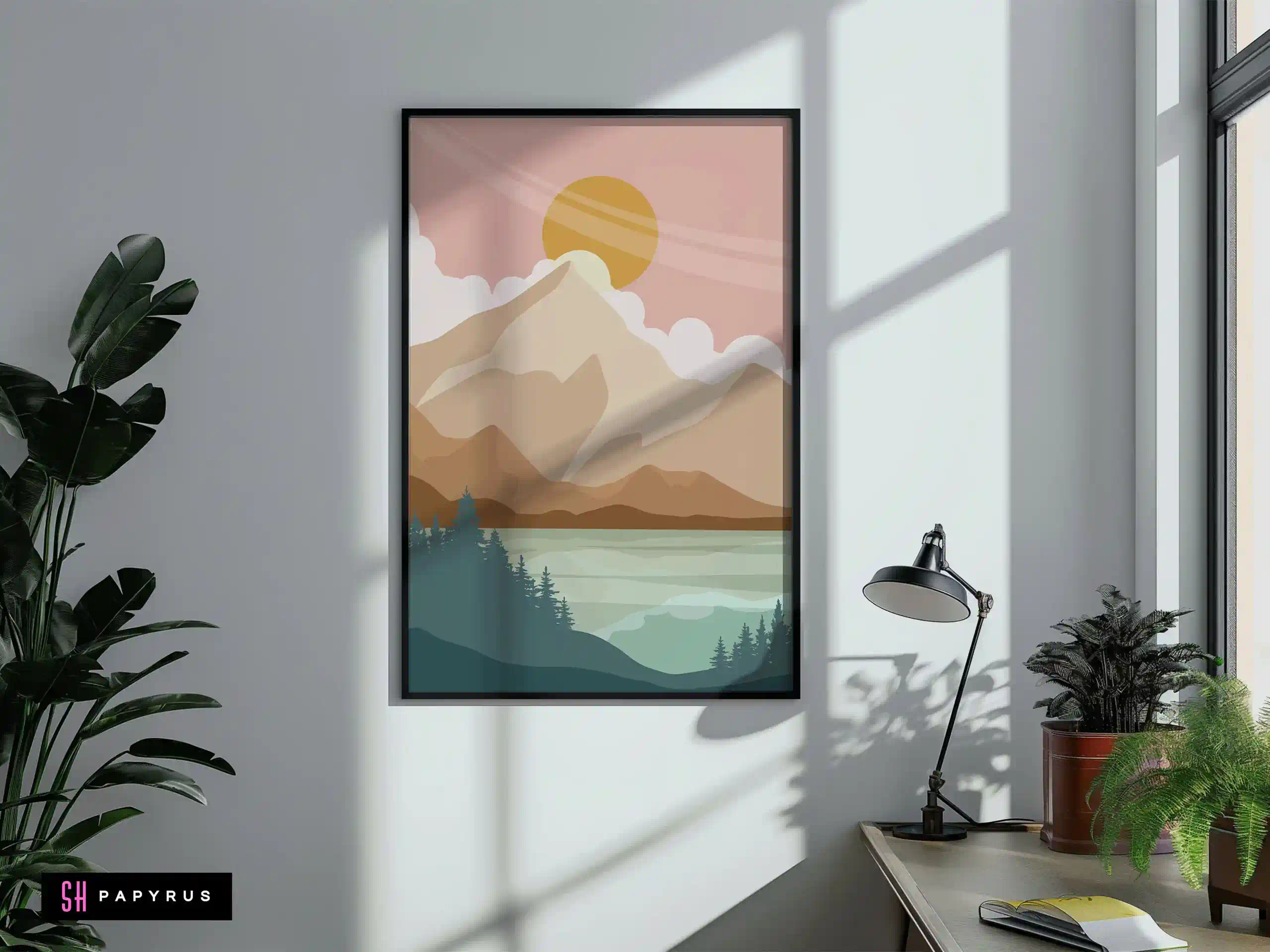 Serene Blush Pink Mountain Lake Scene Wall Art