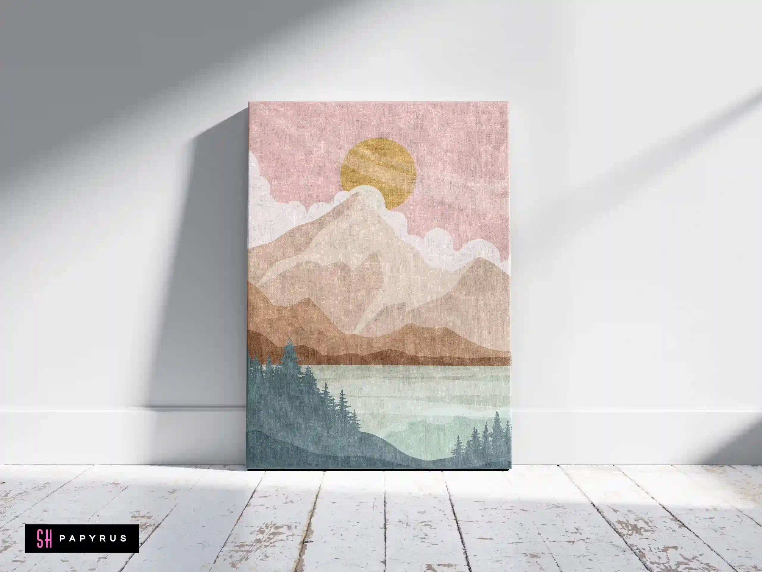 Serene Blush Pink Mountain Lake Scene Wall Art