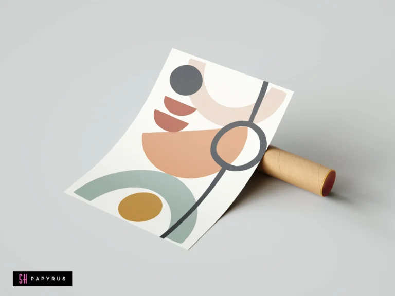 Minimalist mid century abstract art print featuring terracotta and sage green geometric shapes.