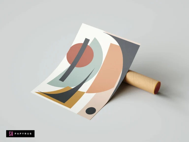 Abstract bohemian art print featuring geometric shapes in warm terracotta, sage, and mustard earthy tones.