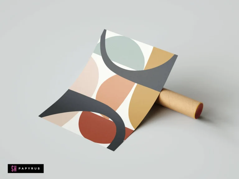 Mid-century modern abstract print with harmonious geometric curves in earthy terracotta, sage, and ochre.
