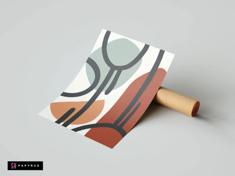 Minimalist abstract wall art with sage green and terracotta shapes and bold black line art.