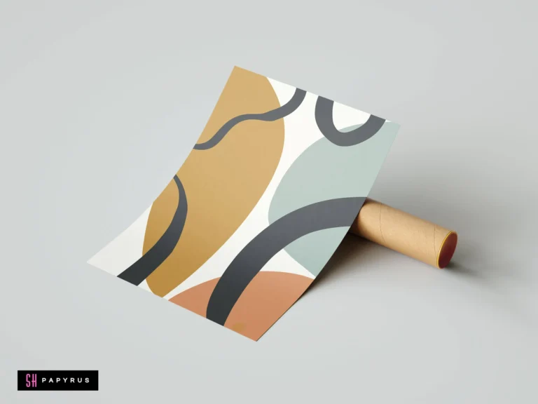 Bohemian abstract print featuring mustard, sage, and terracotta organic shapes with bold charcoal lines.