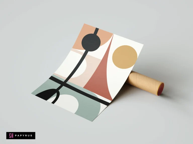 Mid-century modern geometric wall art featuring bold terracotta, sage green, and black abstract shapes.