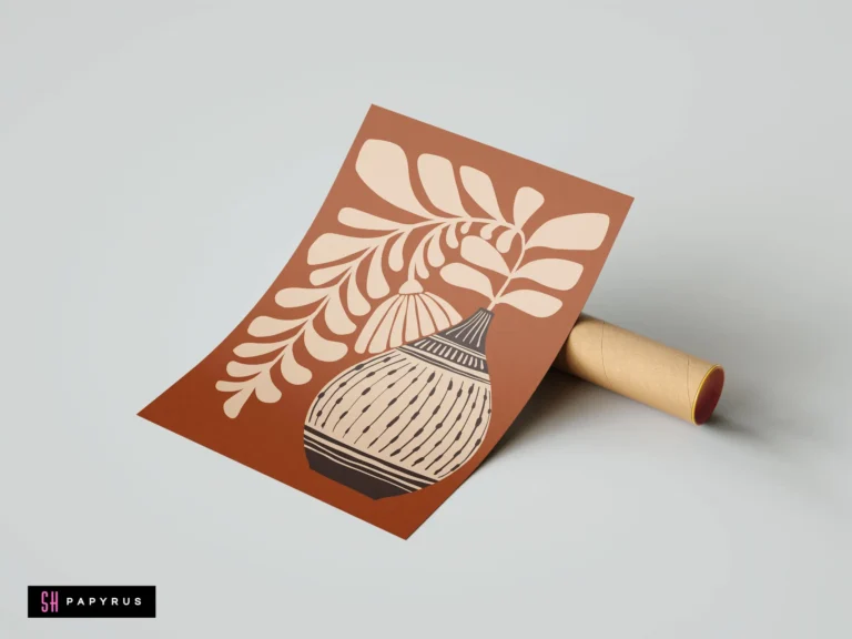 Bohemian terracotta folk art botanical print with a patterned vase and cream leaf designs.