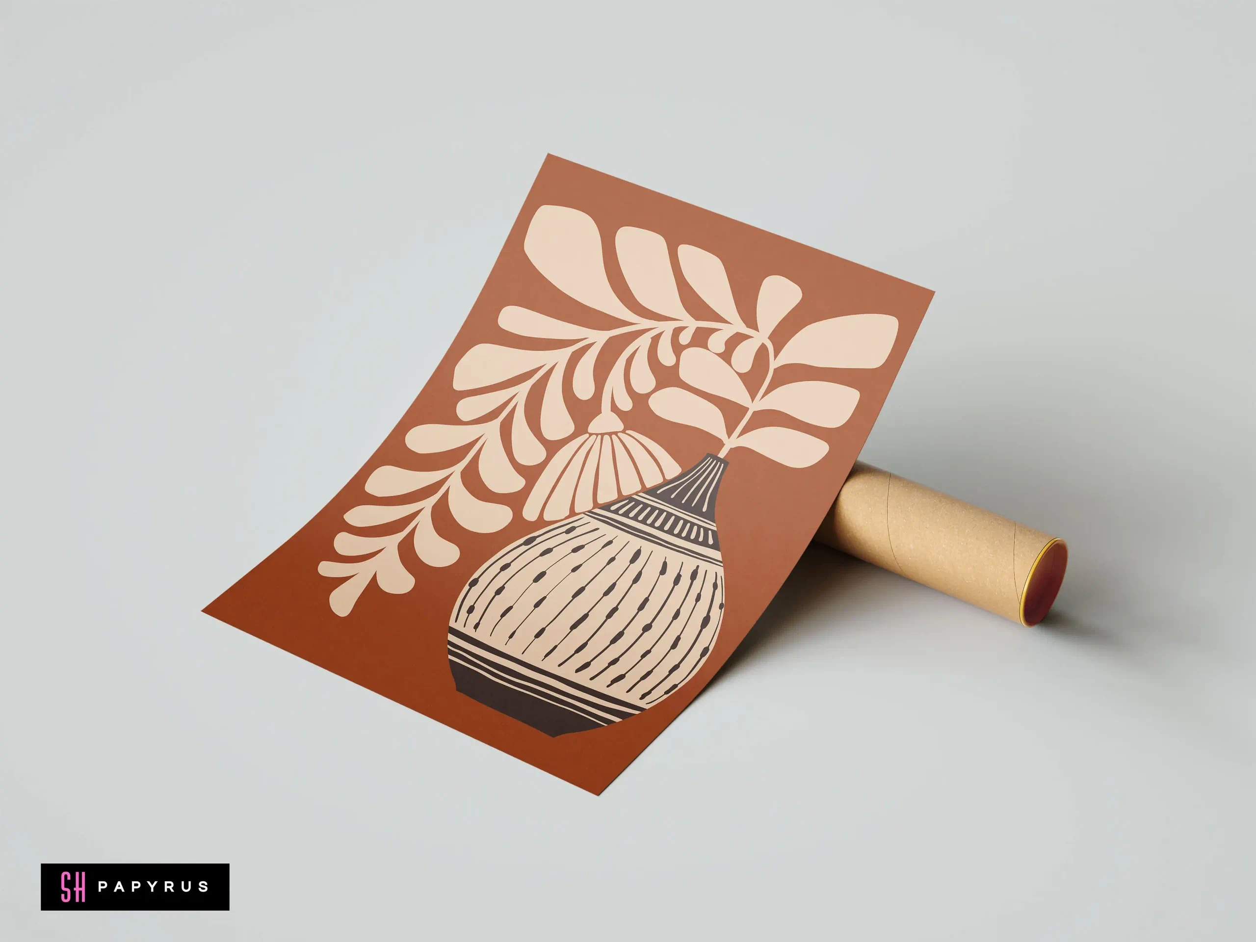 Serene Terracotta Botanical Print Folk Art Vase Art