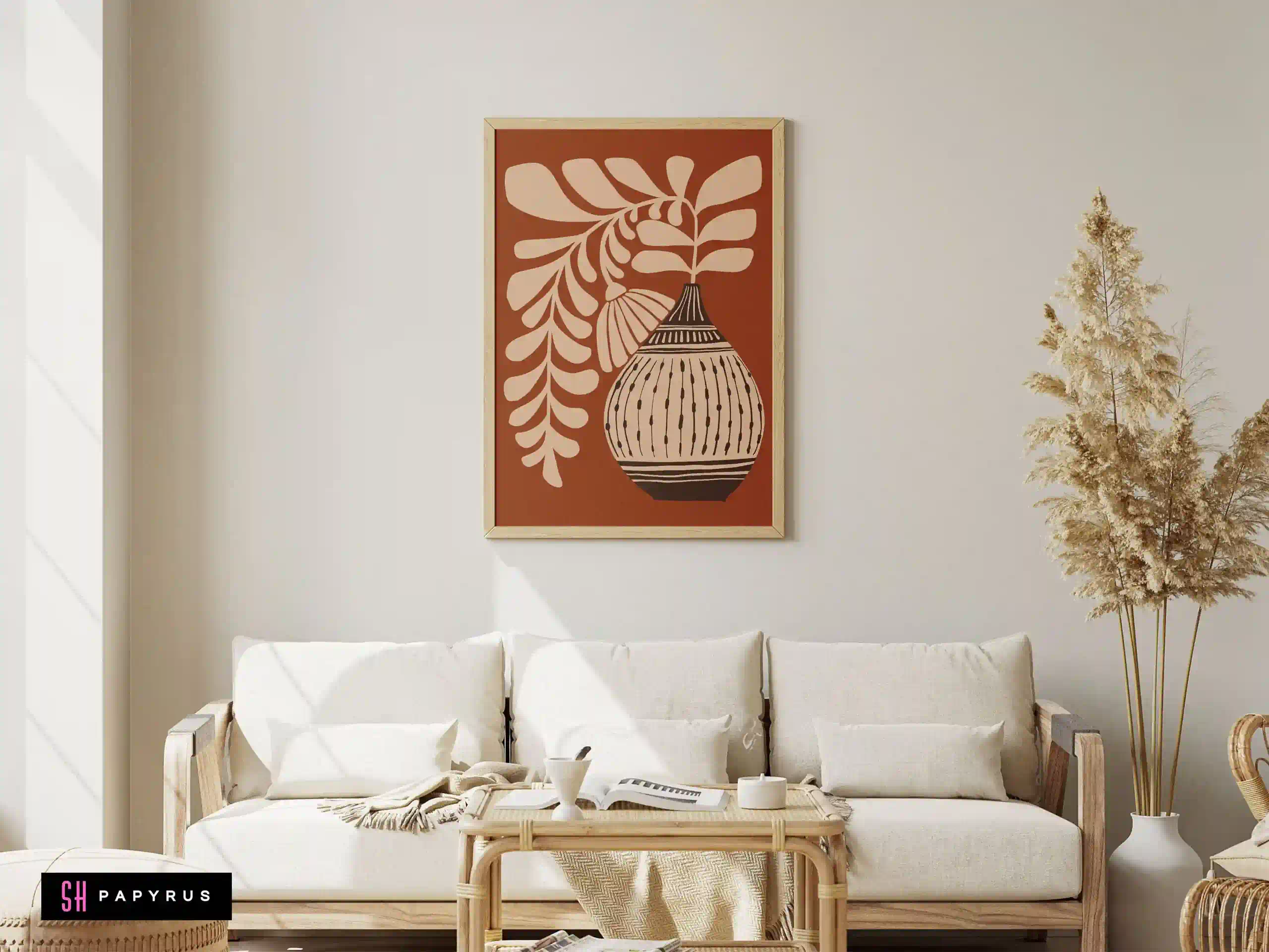 Serene Terracotta Botanical Print Folk Art Vase Art