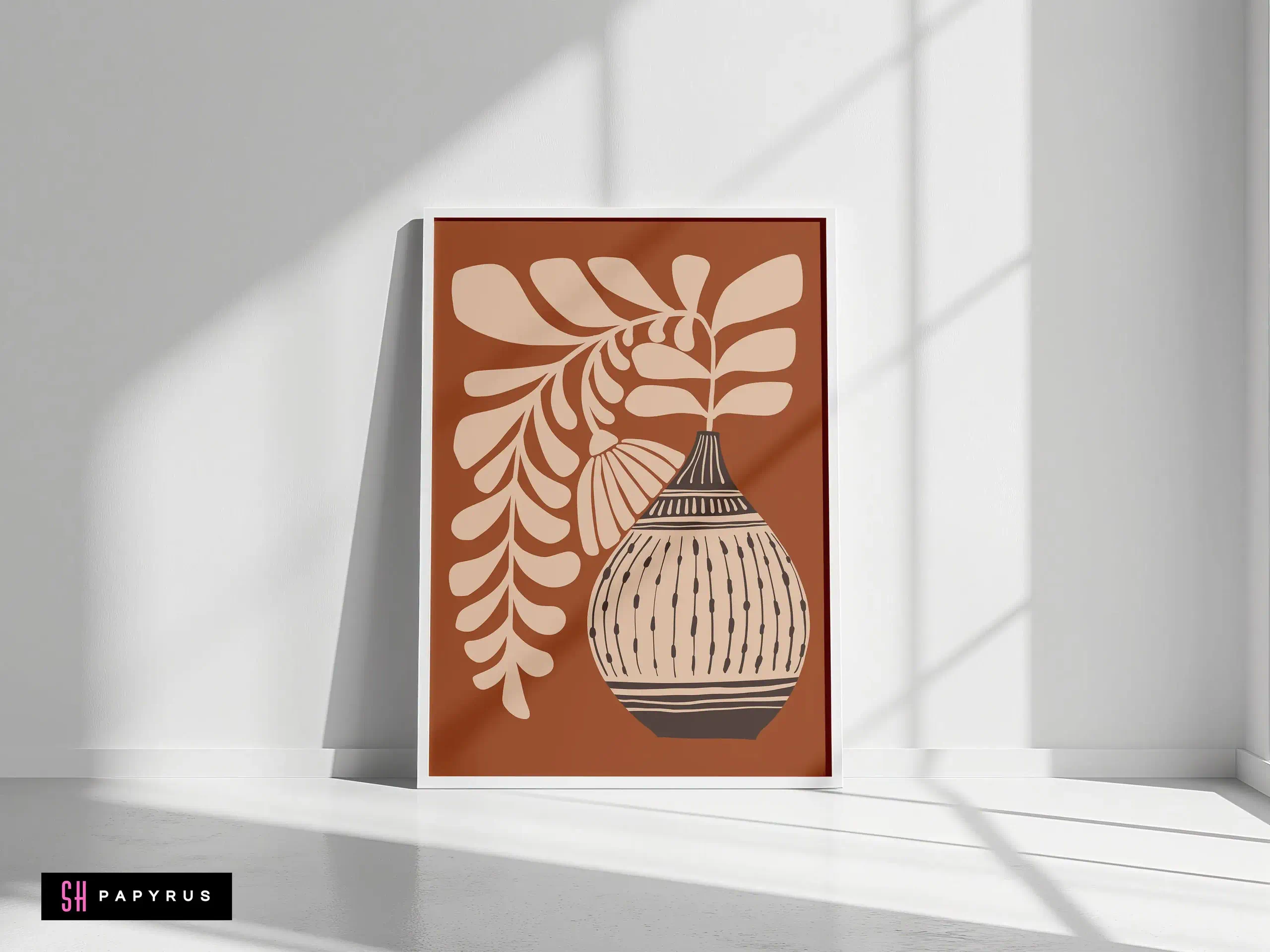 Serene Terracotta Botanical Print Folk Art Vase Art