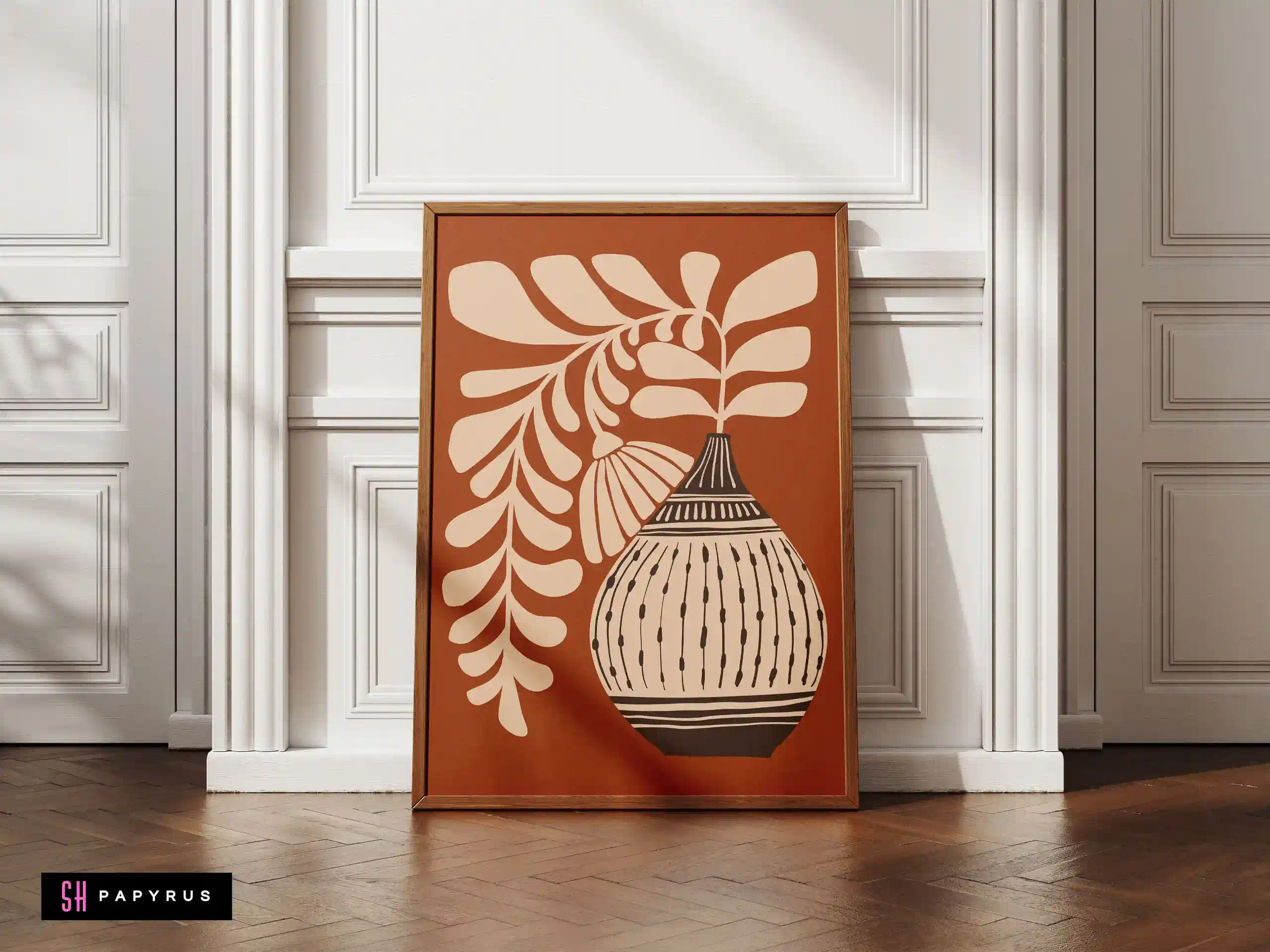 Serene Terracotta Botanical Print Folk Art Vase Art