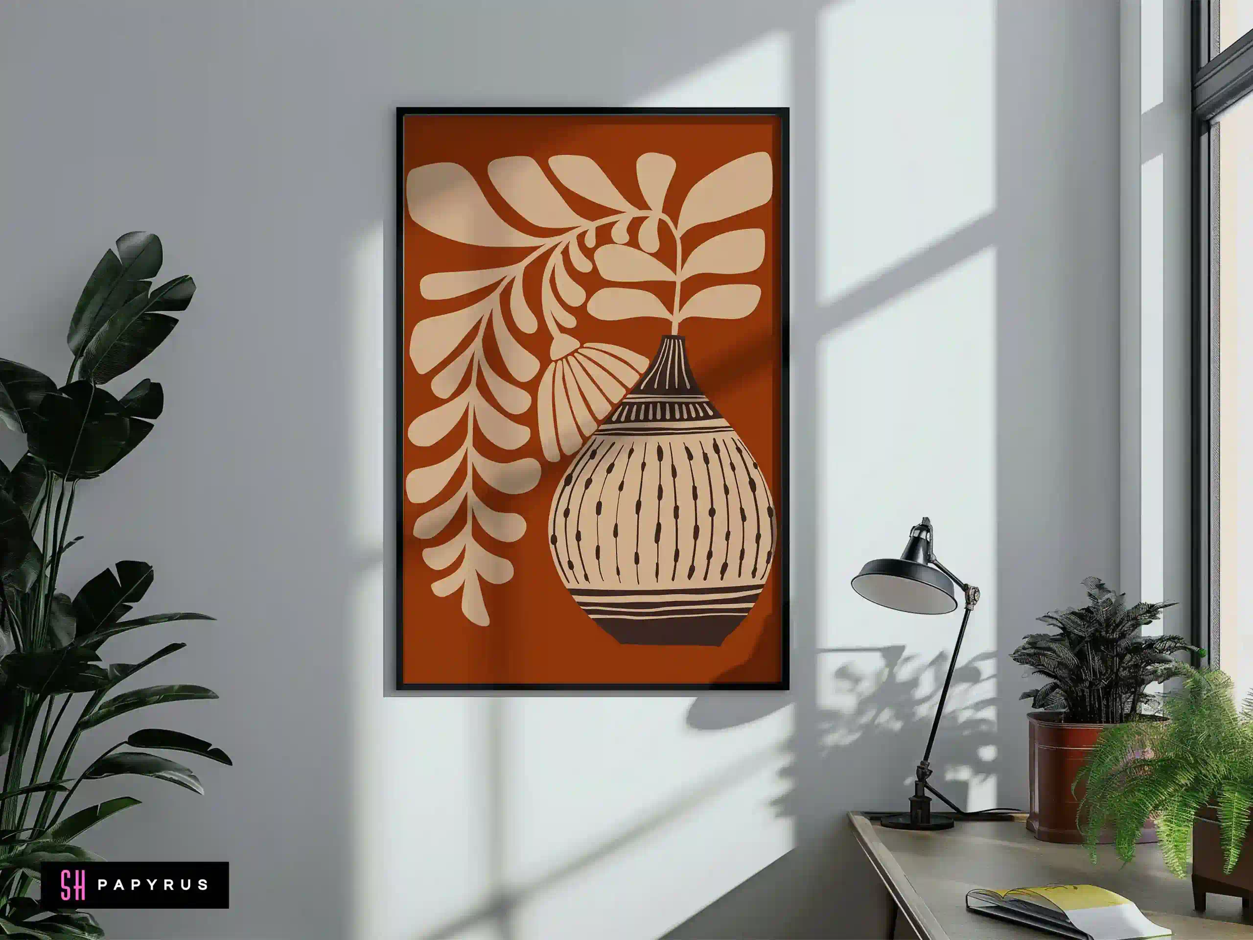 Serene Terracotta Botanical Print Folk Art Vase Art