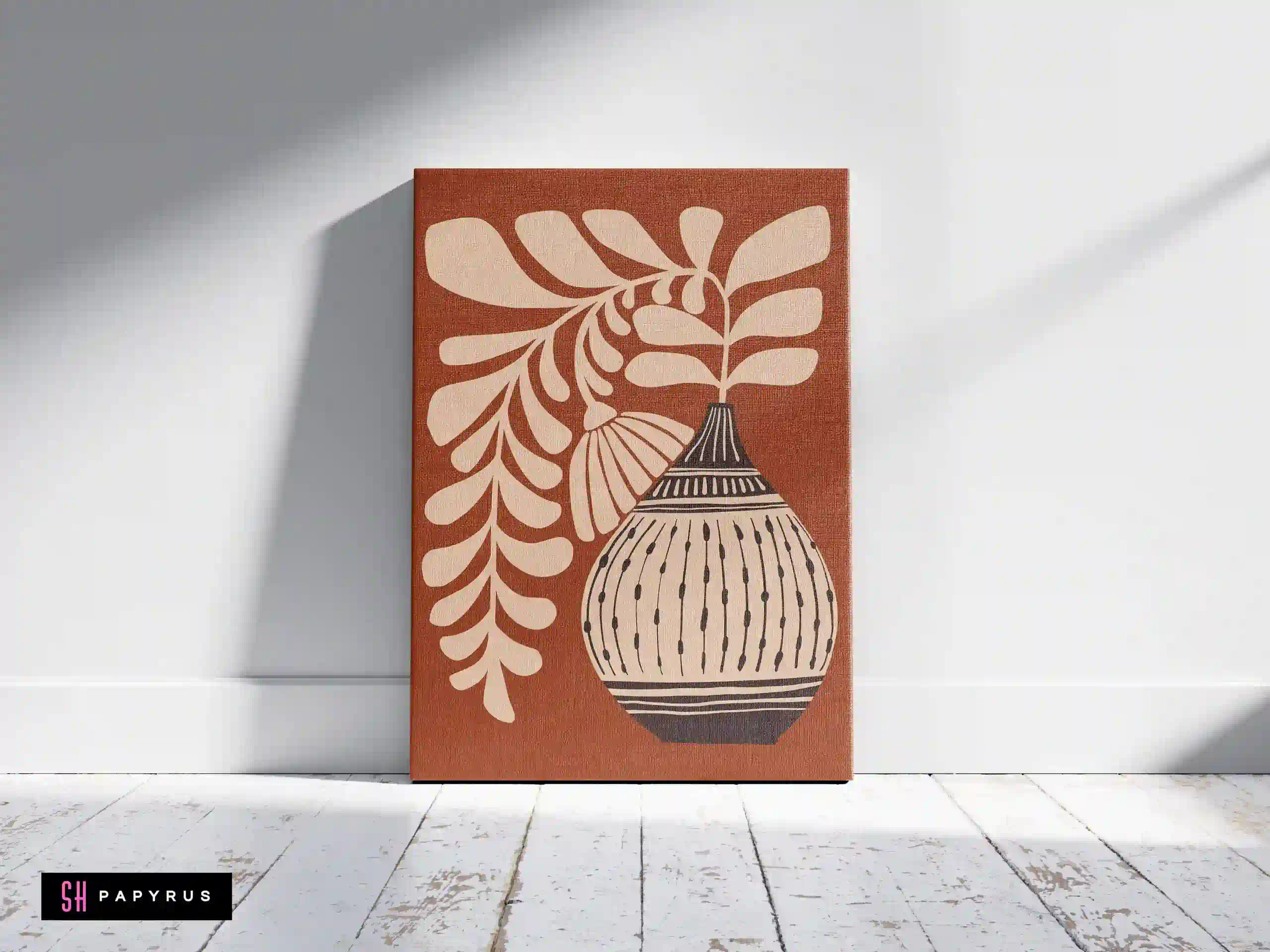 Serene Terracotta Botanical Print Folk Art Vase Art