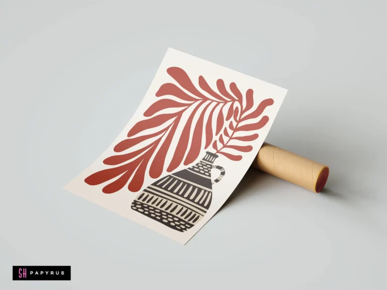 Bohemian folk art print featuring a terracotta leaf and patterned charcoal vase.