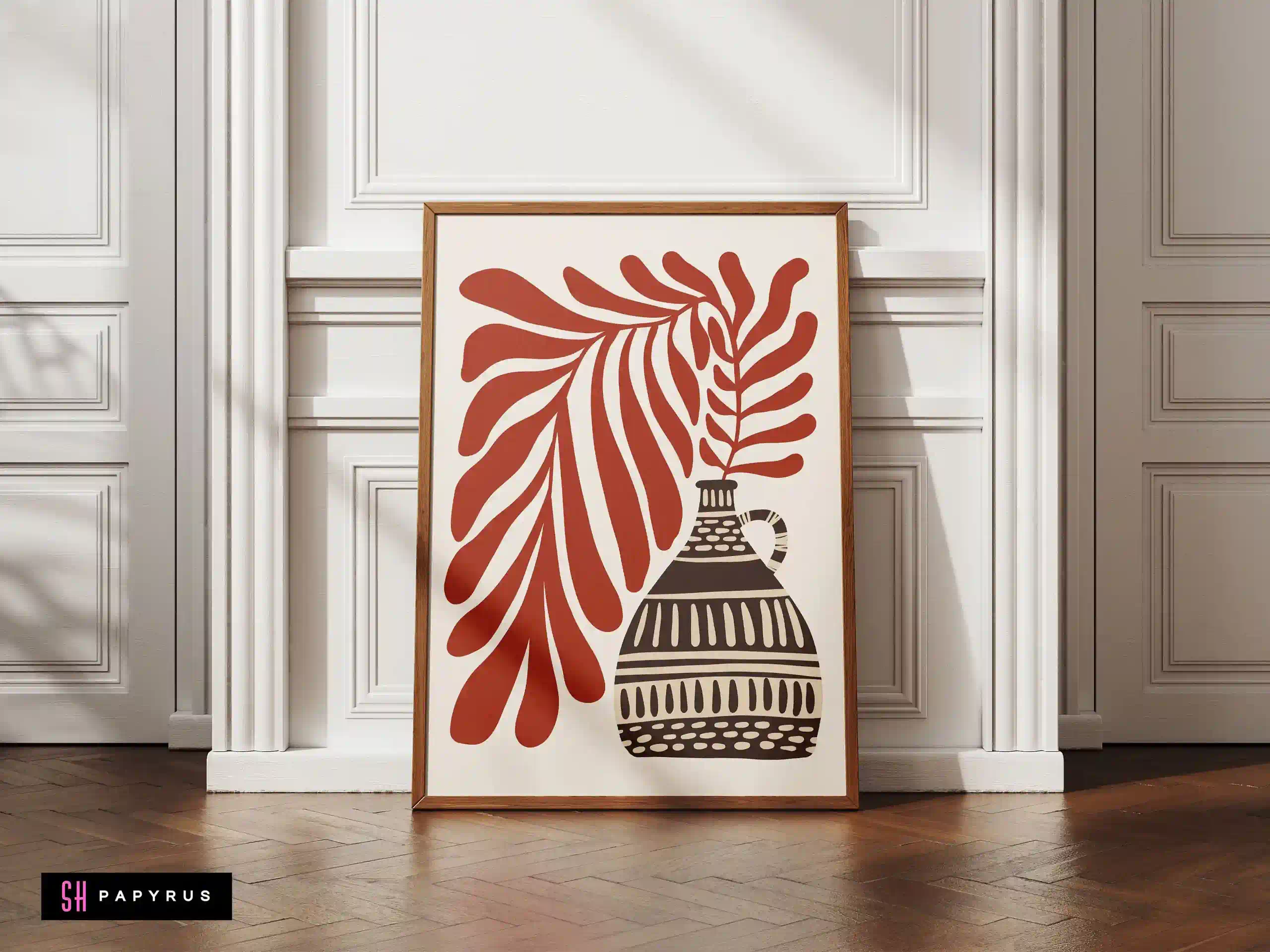 Elegant Terracotta Leaf Patterned Folk Art Vase Art