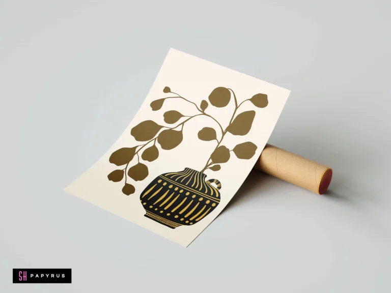Boho botanical art print featuring gold leaves in a black patterned vase on cream background.