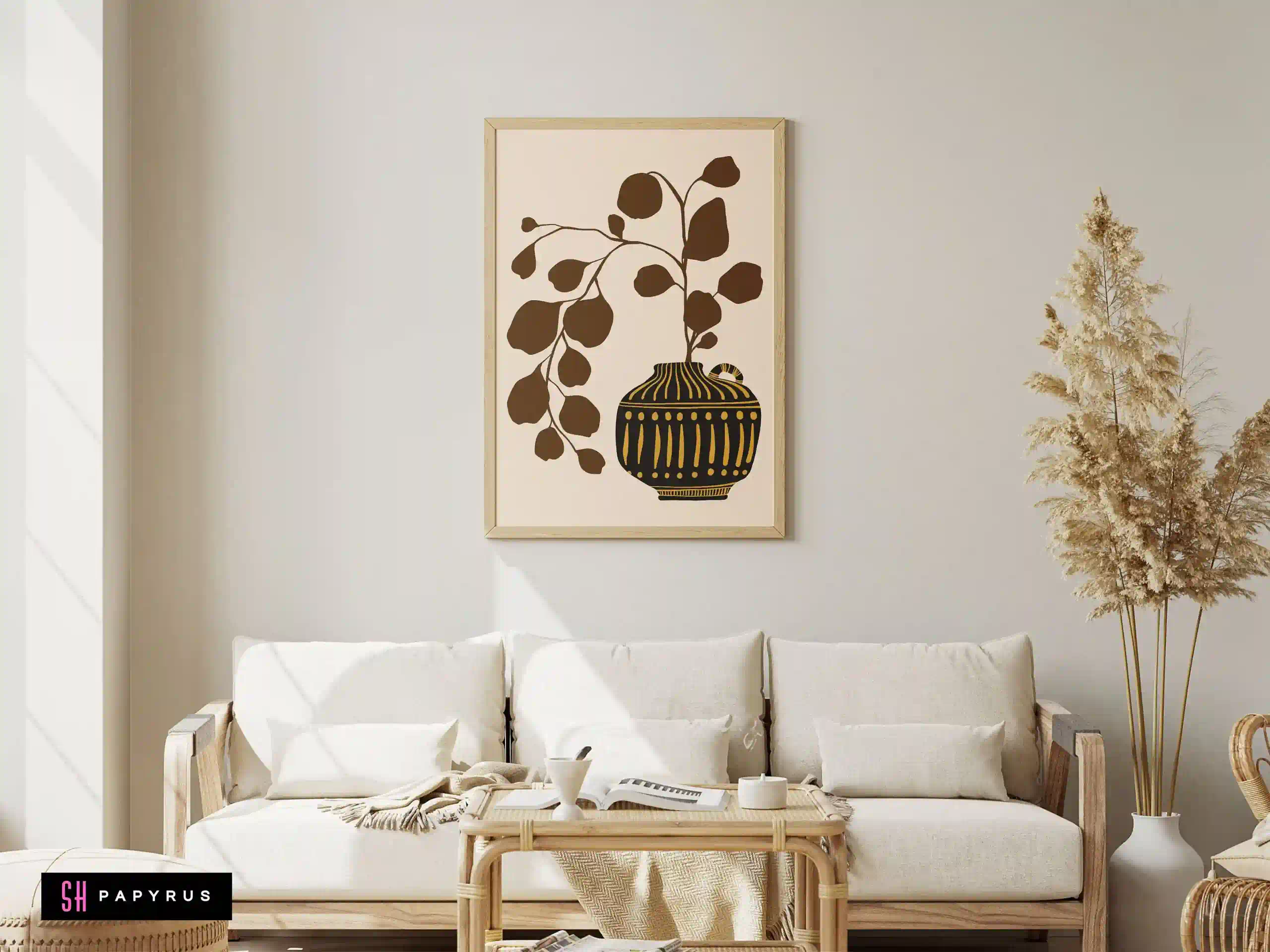 Striking Botanical Leaves Black Gold Boho Vase Art