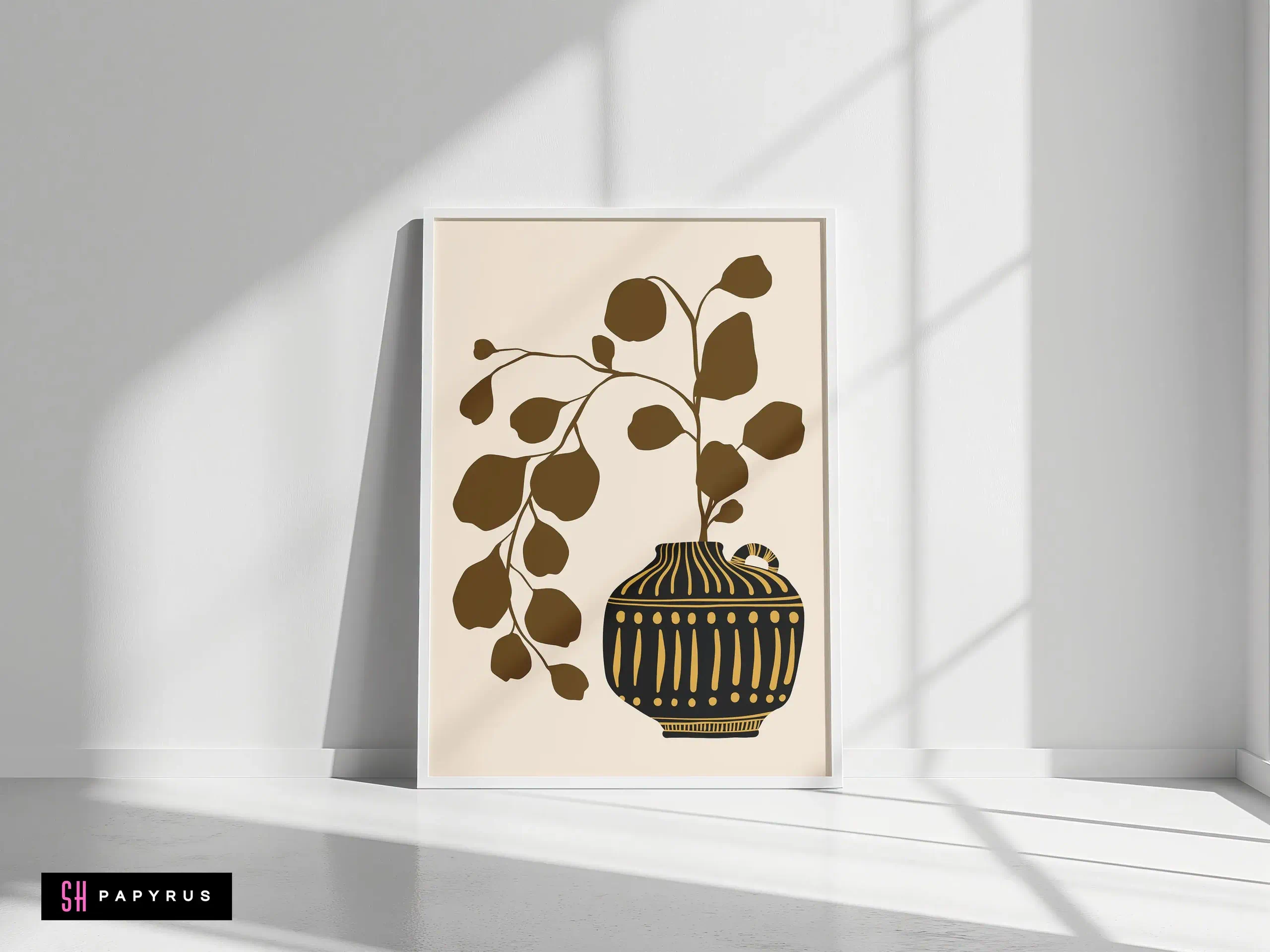 Striking Botanical Leaves Black Gold Boho Vase Art