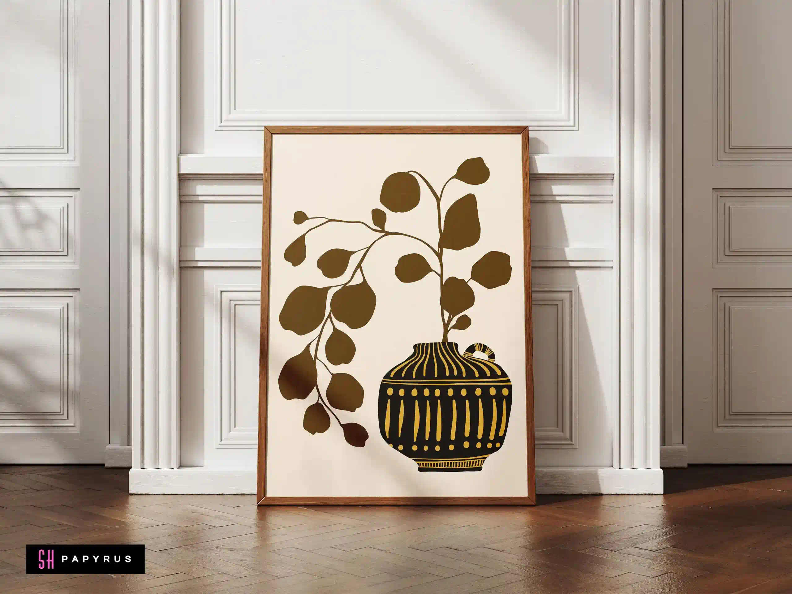 Striking Botanical Leaves Black Gold Boho Vase Art