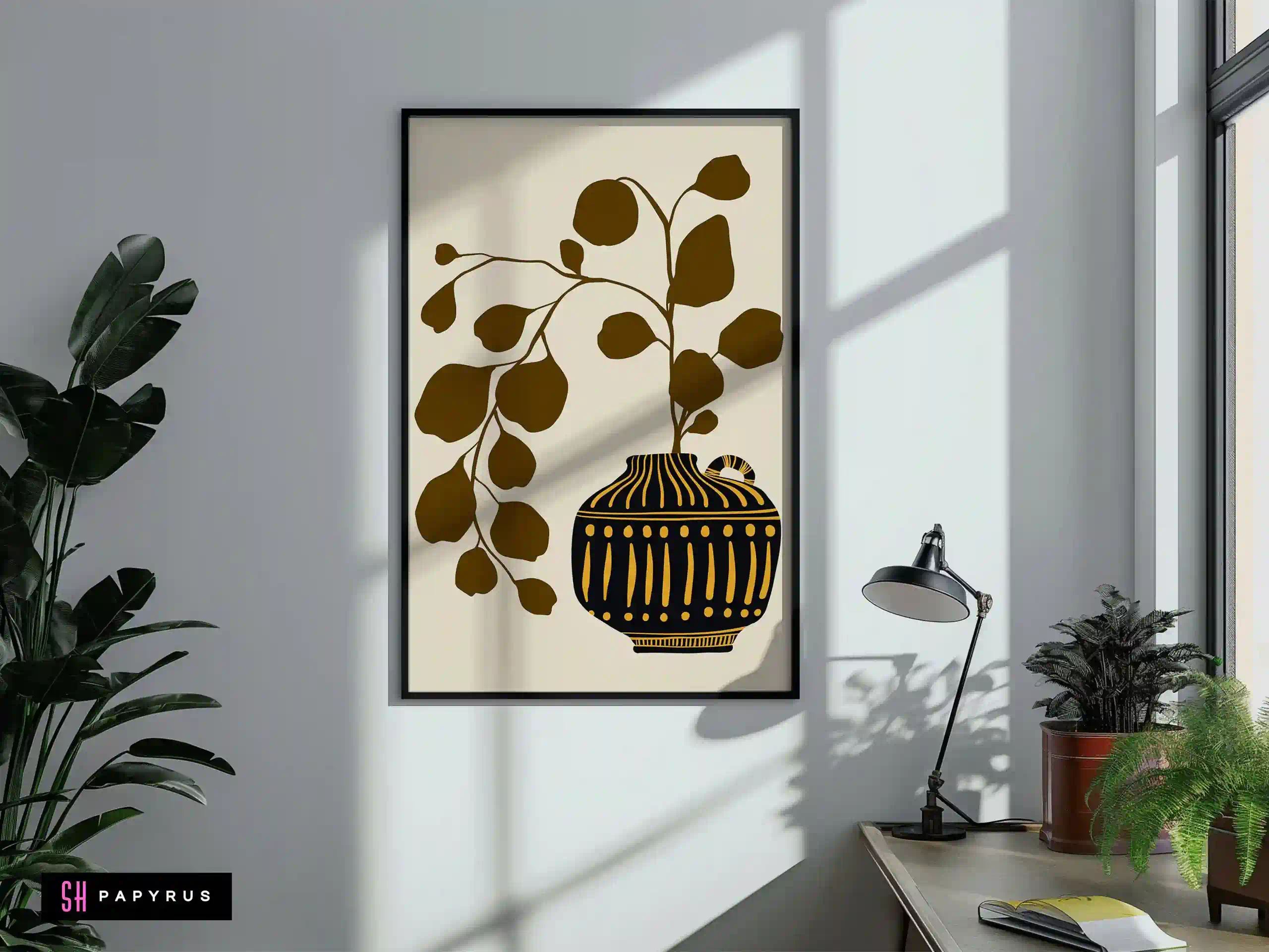 Striking Botanical Leaves Black Gold Boho Vase Art