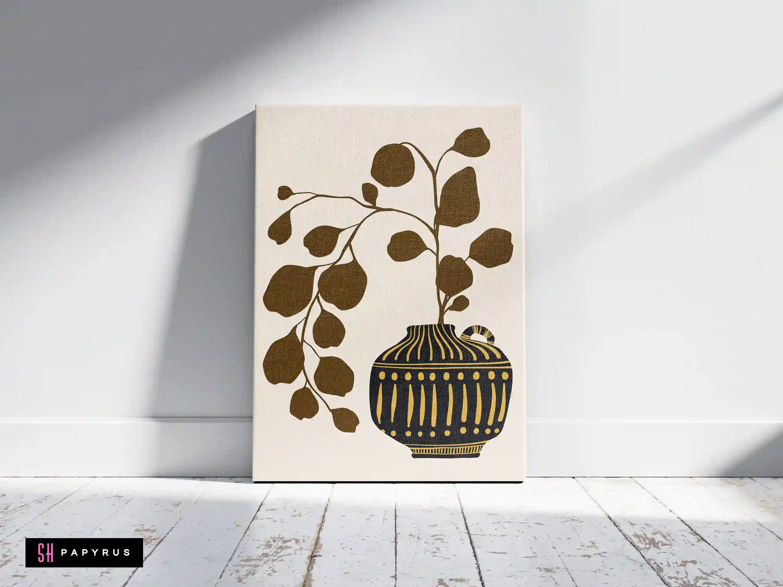 Striking Botanical Leaves Black Gold Boho Vase Art