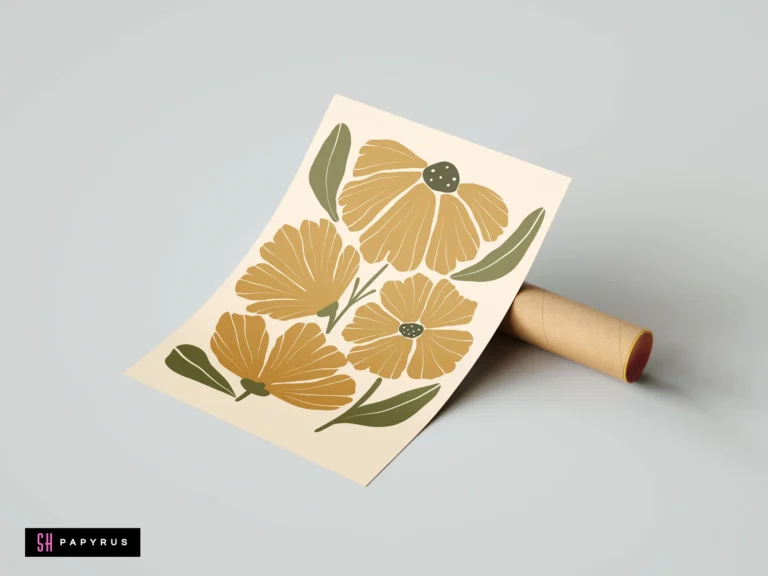 Bohemian floral art print featuring mustard yellow flowers and olive green leaves.