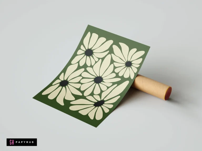 Retro bohemian art featuring large cream-colored daisies on a deep green background.