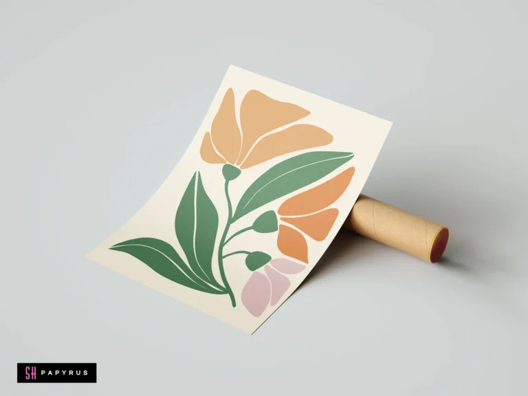 Minimalist boho botanical artwork featuring terracotta, pink flowers and green leaves on cream background.