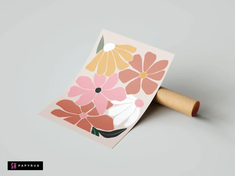 Retro bohemian floral meadow art print in pink, terracotta, and yellow flat minimalist style.