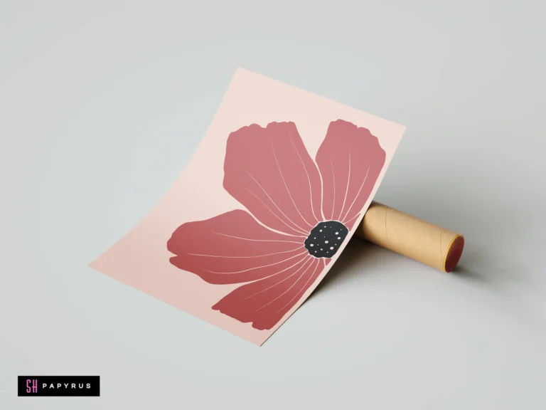 Minimalist bohemian art print featuring a large terracotta red poppy flower on blush background.