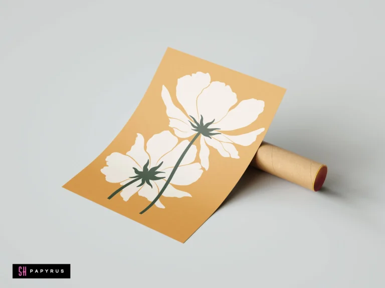 Elegant white cosmos flower illustrations on a warm gold background in a bohemian style.