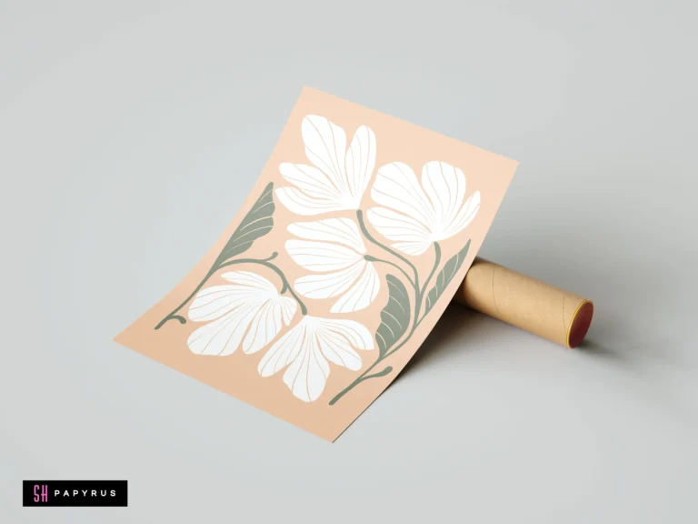 Minimalist white flowers and sage botanical leaves on a peach background bohemian art print.